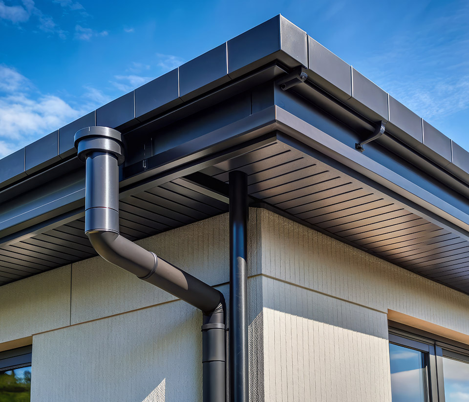 vermont-gutter-company-stowe-vt-7 Corner of a commercial building in Stowe, VT, with a metal roof and black commercial gutters along the side.