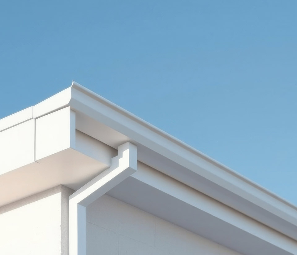 vermont-gutter-company-swanton-vt-7 Close-up of the side of a white commercial building in Swanton, VT, with white gutters installed.